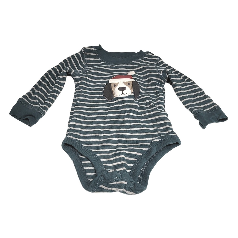 Carters Christmas Dog Santa Hat Bodysuit Baby 6M Teal Striped Waffle Knit Snaps